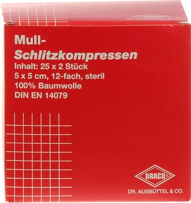 SCHLITZKOMPRESSEN Mull 5x5 cm steril 12fach